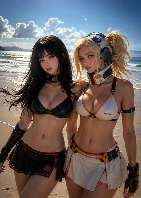 Two adult women in black and white sci-fi beach outfits, skirts and futuristic headphones