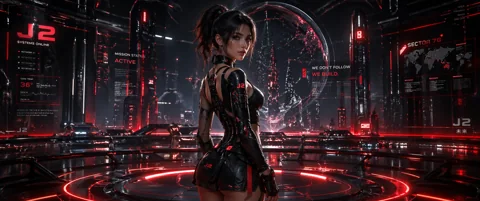 An adult woman in a black futuristic outfit looking back in a red-lit command room