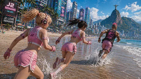 Three adults in pink futuristic beach outfits running into the surf below a bright Rio skyline