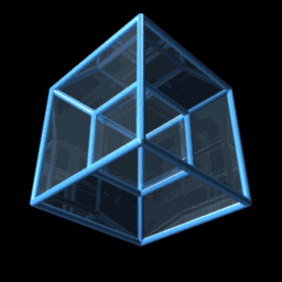 Blue glass tesseract rotating through another dimension, an original 2007 web animation