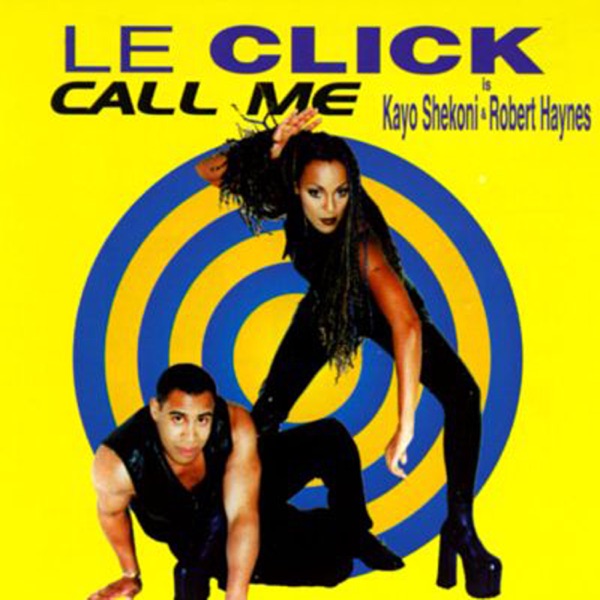 Yellow Call Me cover with Le Click lettering, a blue spiral, Kayo Shekoni and Robert Haynes